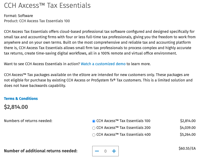 The Wolters Kluwer eStore page for CCH Axcess Tax Essentials — for small firms with four or less full-time tax professionals, new customers only, with Tax Essentials 100 at $2,814, 200 at $4,039 and 400 at $5,264, and additional returns at $60.55 each