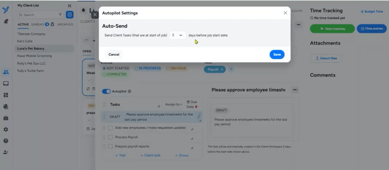 Client Hub Autopilot settings — client tasks set to send automatically two days before the job's start date, over a payroll job with its task checklist