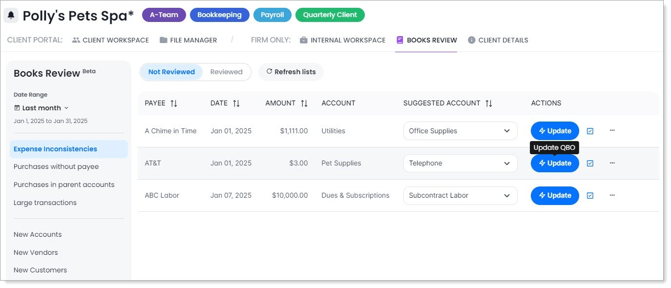 Client Hub Books Review — month-end expense inconsistencies listed with payee, date, amount, the current account and a suggested account, each with a one-click Update to QuickBooks