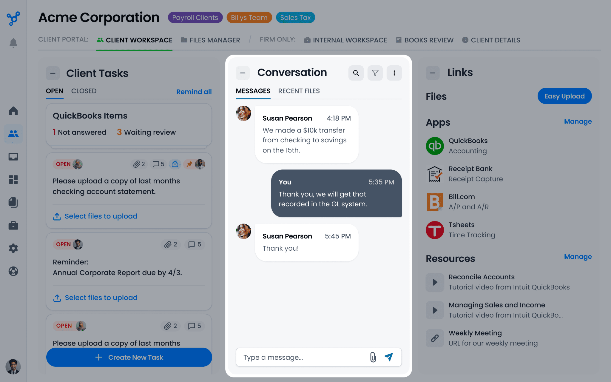 Client Hub's client-facing workspace — open client tasks and QuickBooks items on the left, a secure message thread about a $10k transfer in the middle, and linked apps (QuickBooks, Receipt Bank, Bill.com, Tsheets) on the right