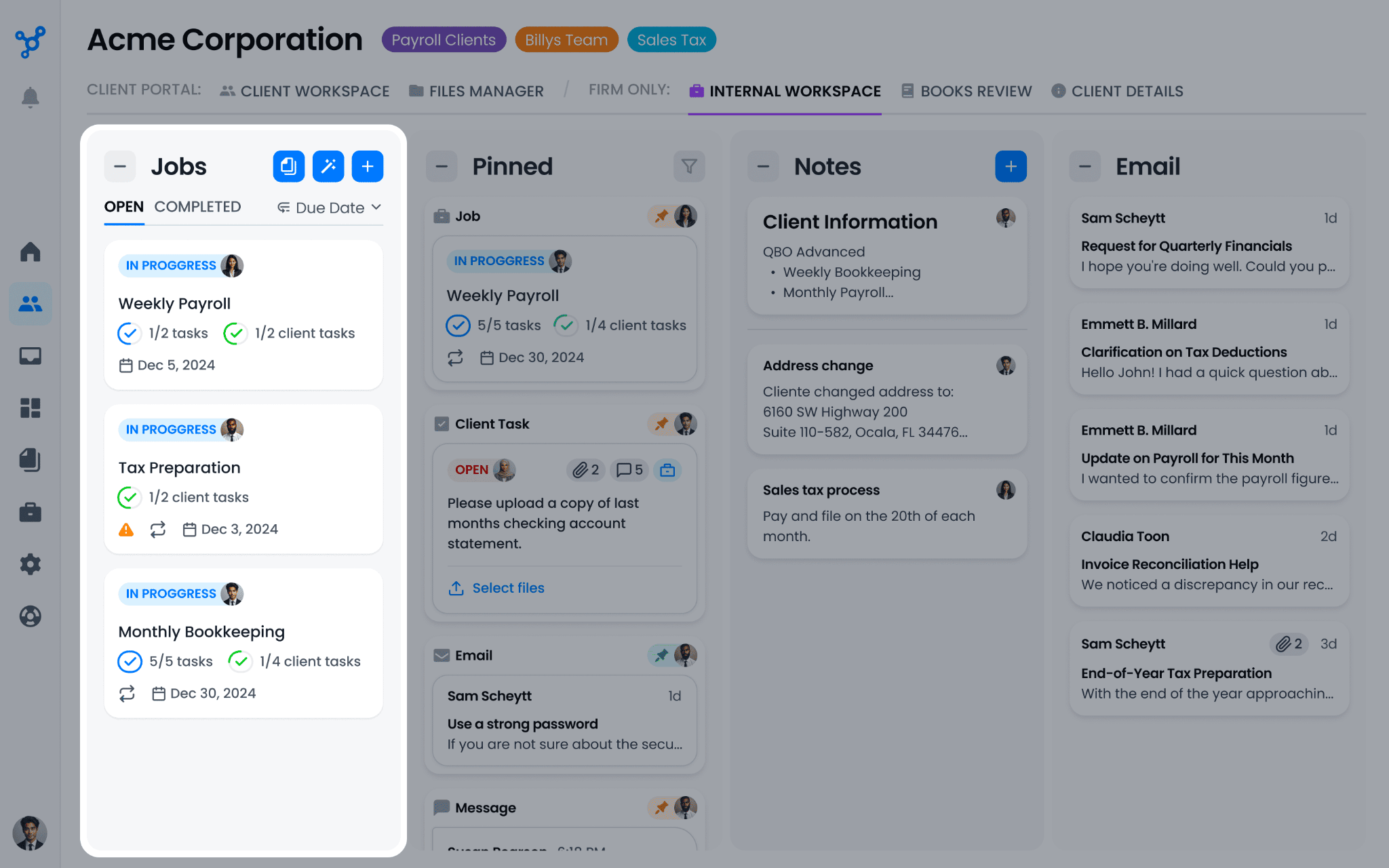 Client Hub's firm-only internal workspace — the Jobs panel with Weekly Payroll, Tax Preparation and Monthly Bookkeeping each showing task and client-task progress, beside pinned items, client notes and the synced email inbox