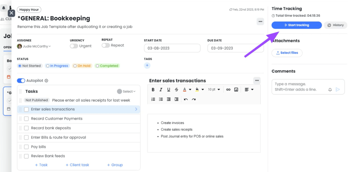 A Client Hub bookkeeping job template — assignee, start and due dates, a task checklist, and the Time Tracking panel with total time tracked and a Start tracking button