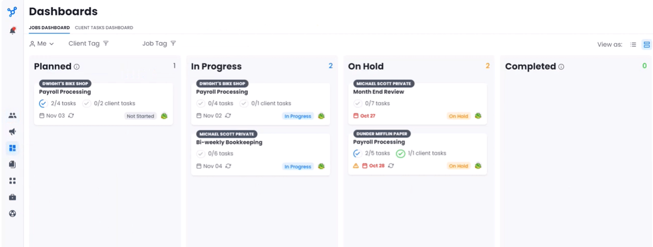 The Client Hub Jobs Dashboard in Kanban view — payroll and bookkeeping jobs across Planned, In Progress, On Hold and Completed columns, each card showing task and client-task progress