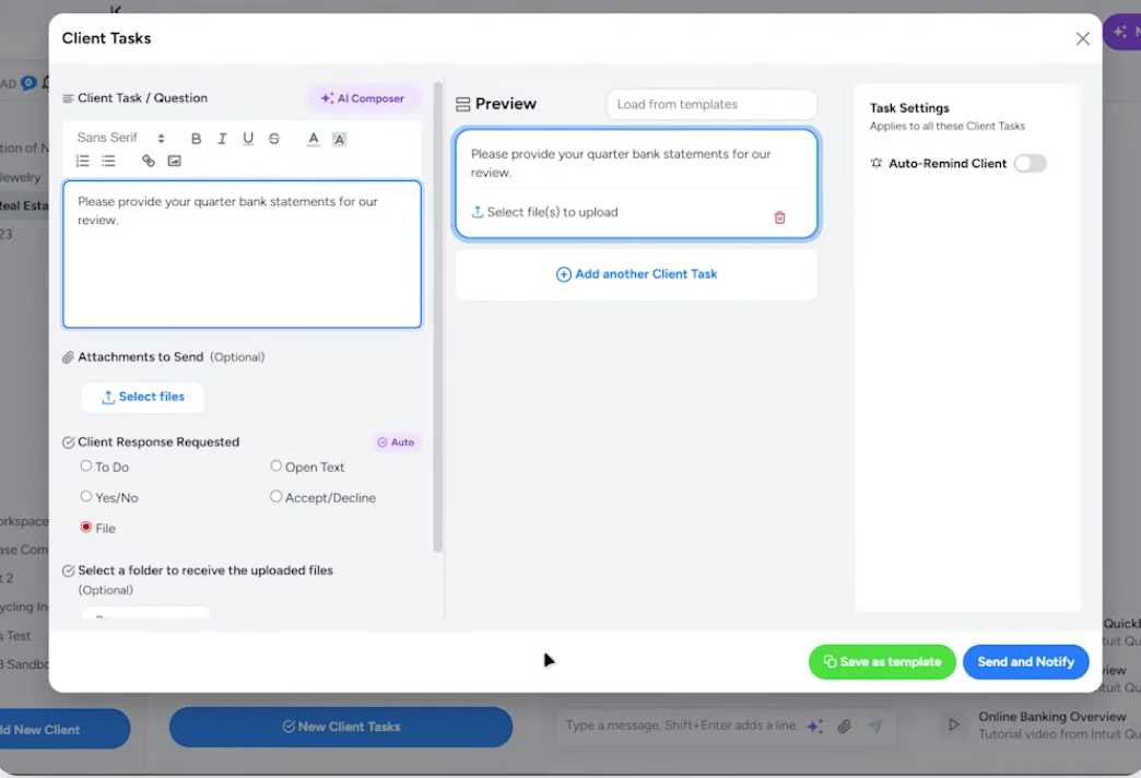 Client Hub's client task composer with the AI Composer button — a request for quarterly bank statements, its live preview, the five client response types and an Auto-Remind Client toggle