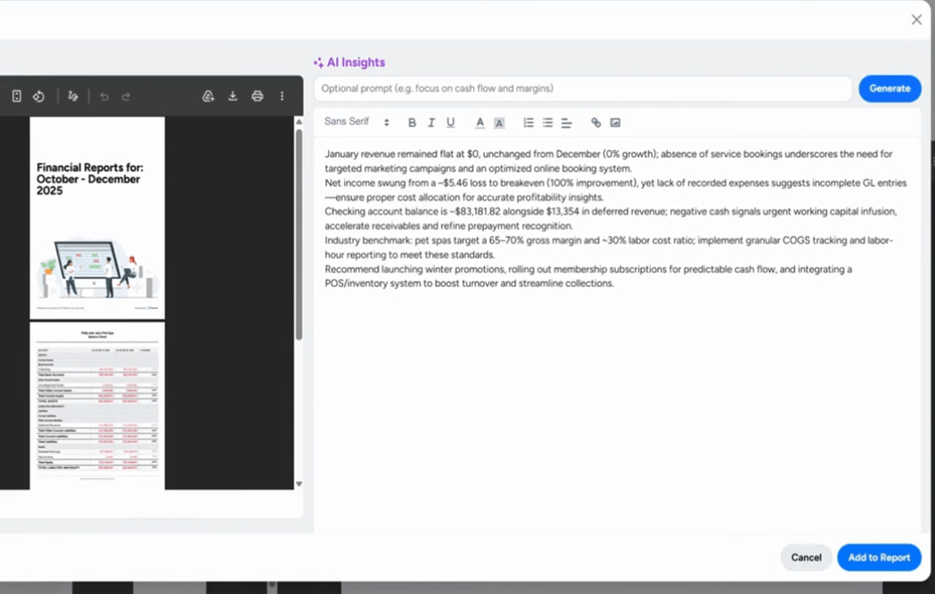 Client Hub's Magic Financial Reports — an AI Insights panel turning a quarterly financial report into plain-language commentary on revenue, net income, cash position and industry benchmarks, ready to add to the report