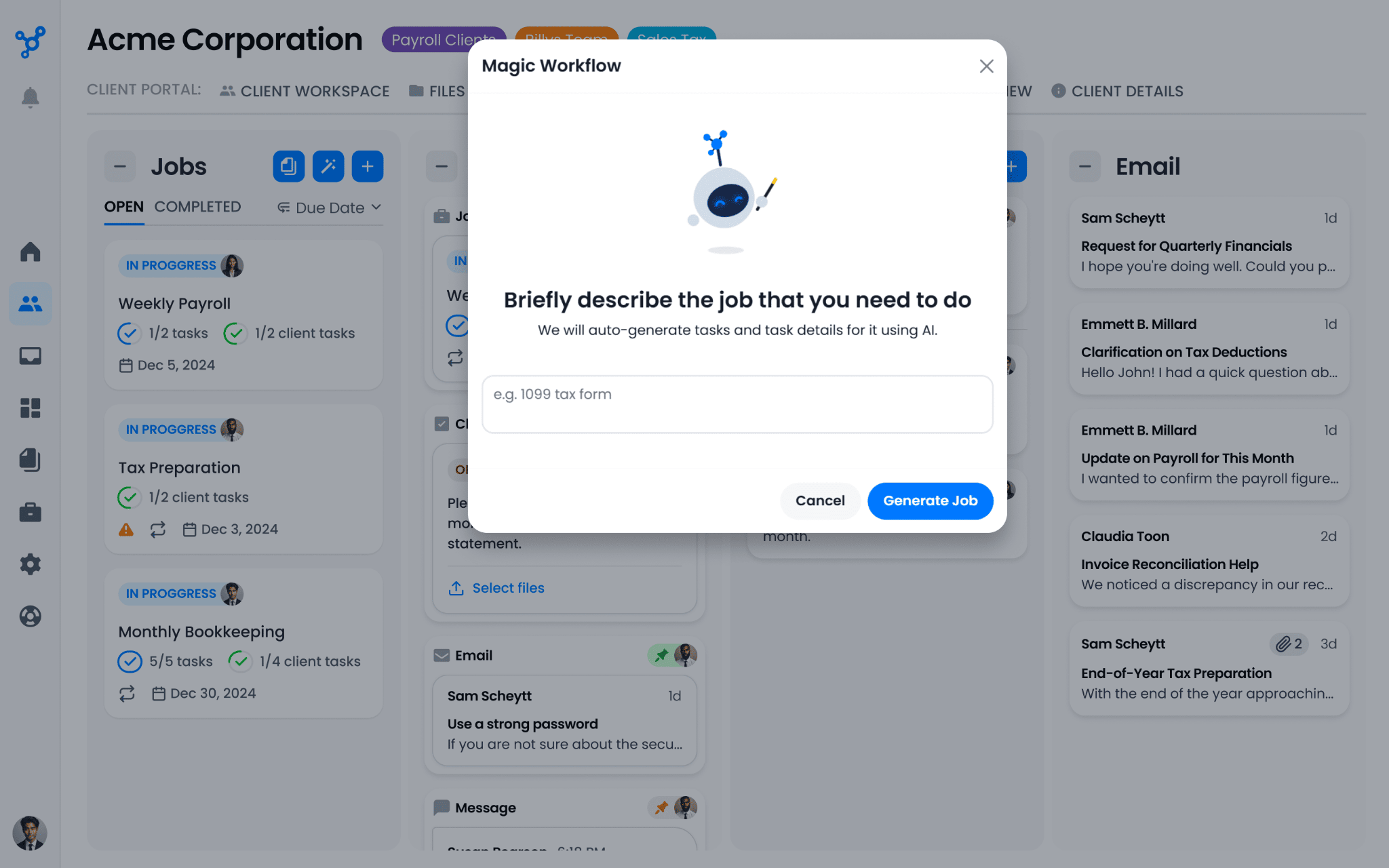 Client Hub Magic Workflow — a dialog asking "Briefly describe the job that you need to do" to auto-generate the tasks with AI, over a client workspace of jobs and synced email