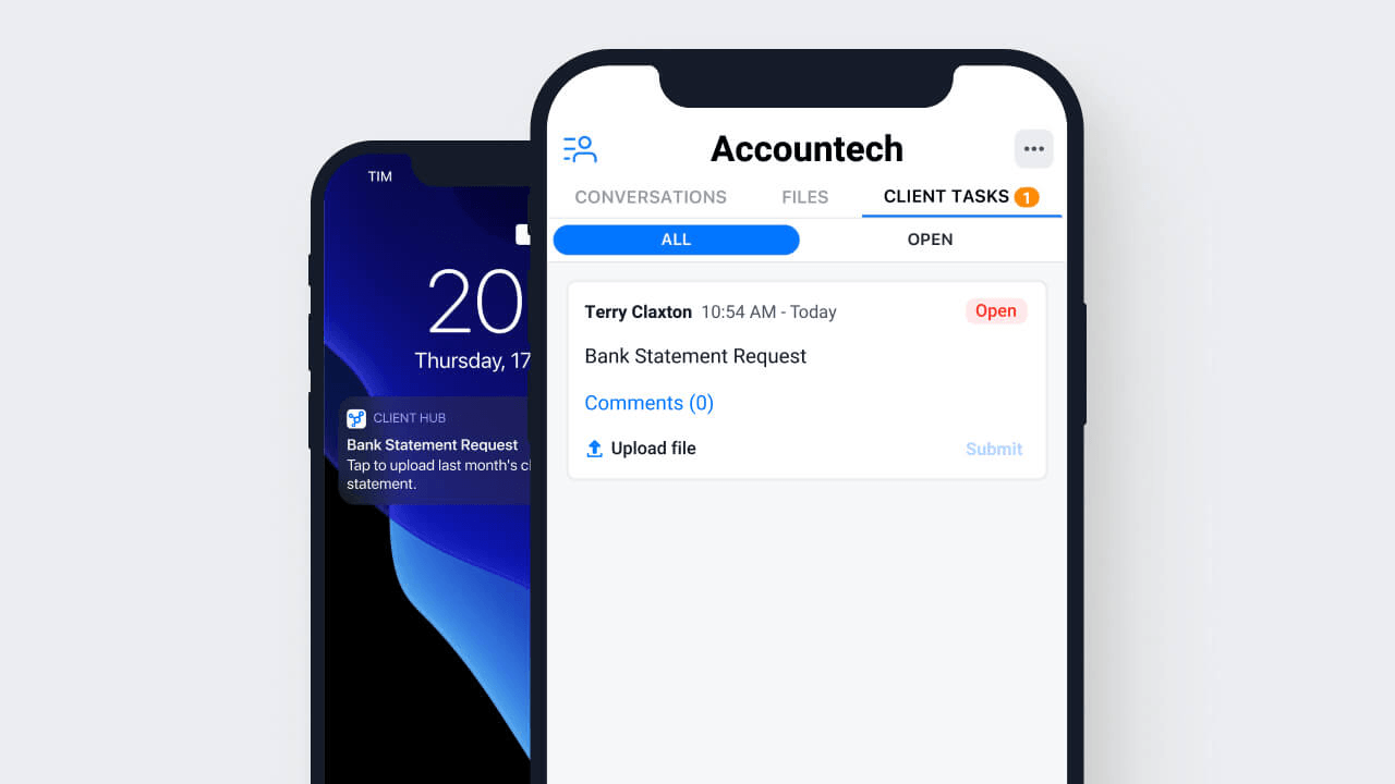 The Client Hub mobile client portal — a push notification for a bank statement request on the lock screen, and the open client task with a file upload beside it