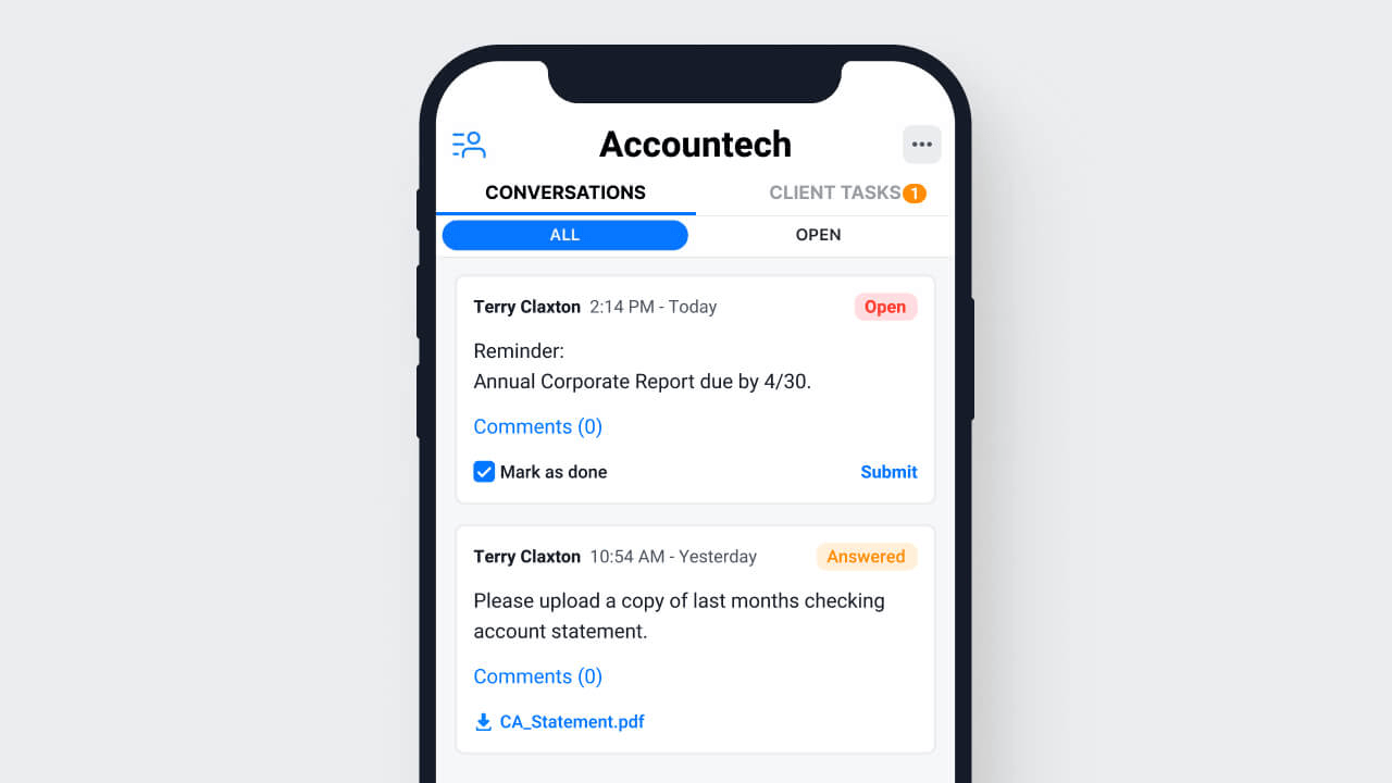 Client Hub portal conversations on mobile — an open reminder about an annual report deadline and an answered request with the client's uploaded bank statement attached