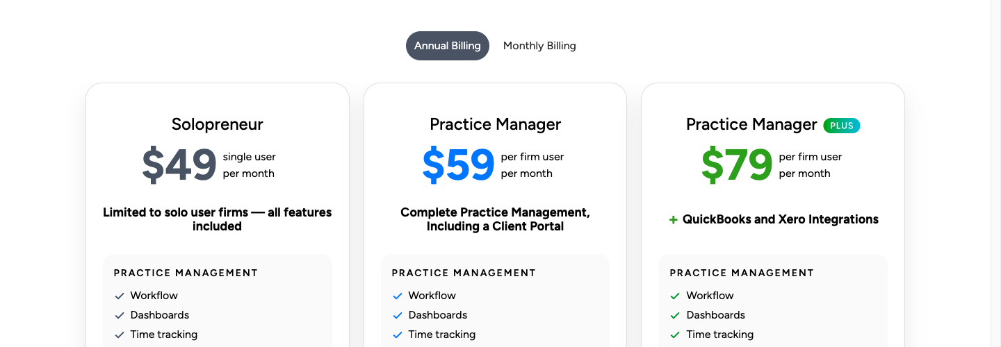 Client Hub pricing on annual billing — Solopreneur at $49 per month for a single user, Practice Manager at $59 per firm user, and Practice Manager Plus at $79 per firm user with the QuickBooks and Xero integrations