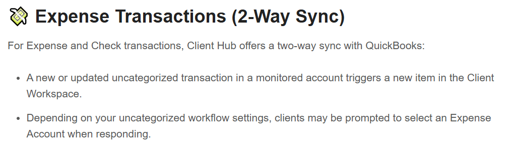 Client Hub documentation on two-way QuickBooks sync — an uncategorized transaction in a monitored account raises an item in the client workspace, and clients can be asked to pick the expense account