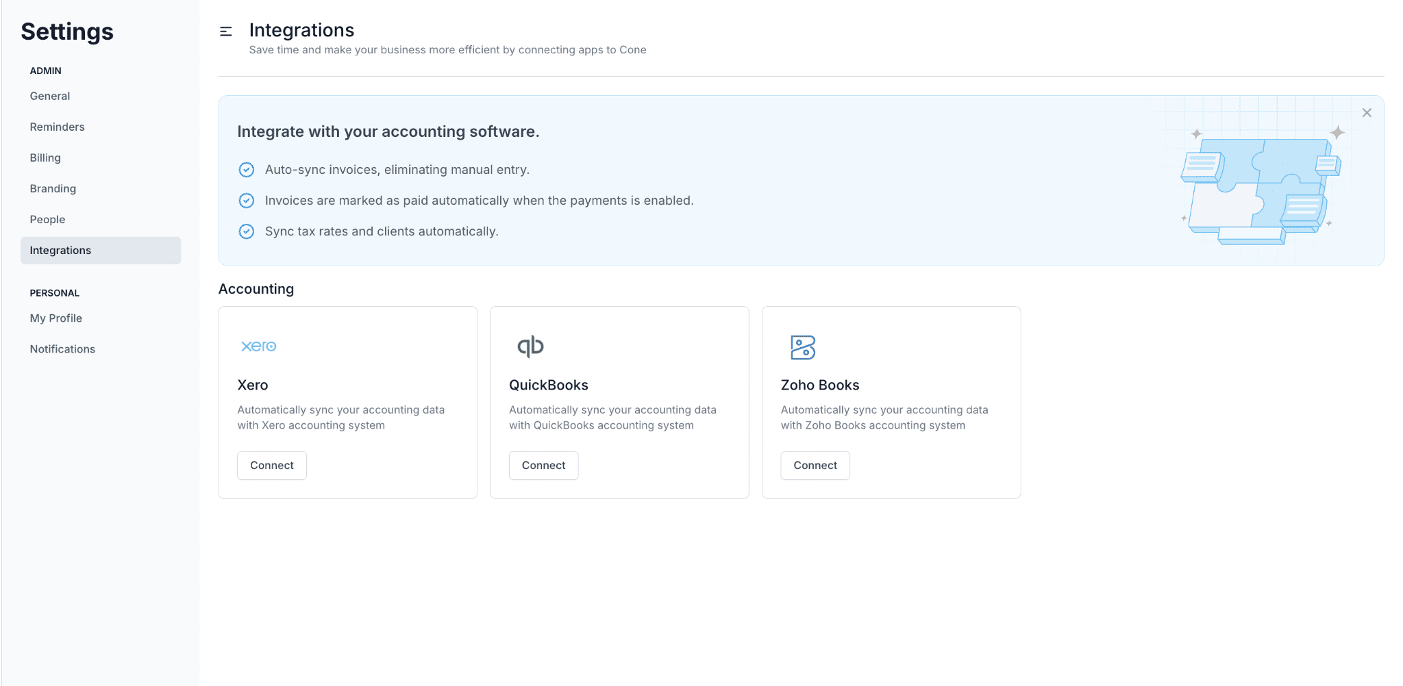 Cone's Integrations settings — Xero, QuickBooks and Zoho Books cards with Connect buttons, under a banner promising auto-synced invoices, invoices marked paid automatically and synced tax rates and clients