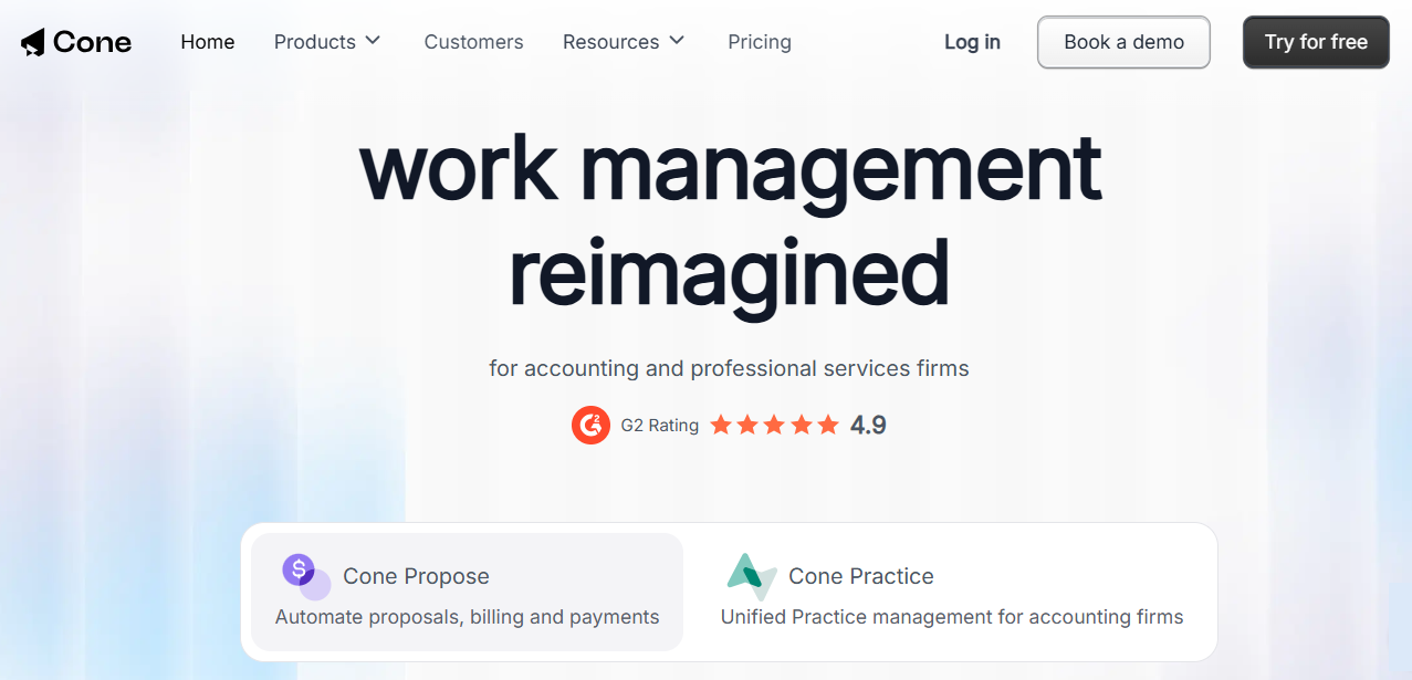 The Cone homepage — "work management reimagined for accounting and professional services firms", a 4.9 G2 rating, and two product cards: Cone Propose to automate proposals, billing and payments, and Cone Practice for unified practice management