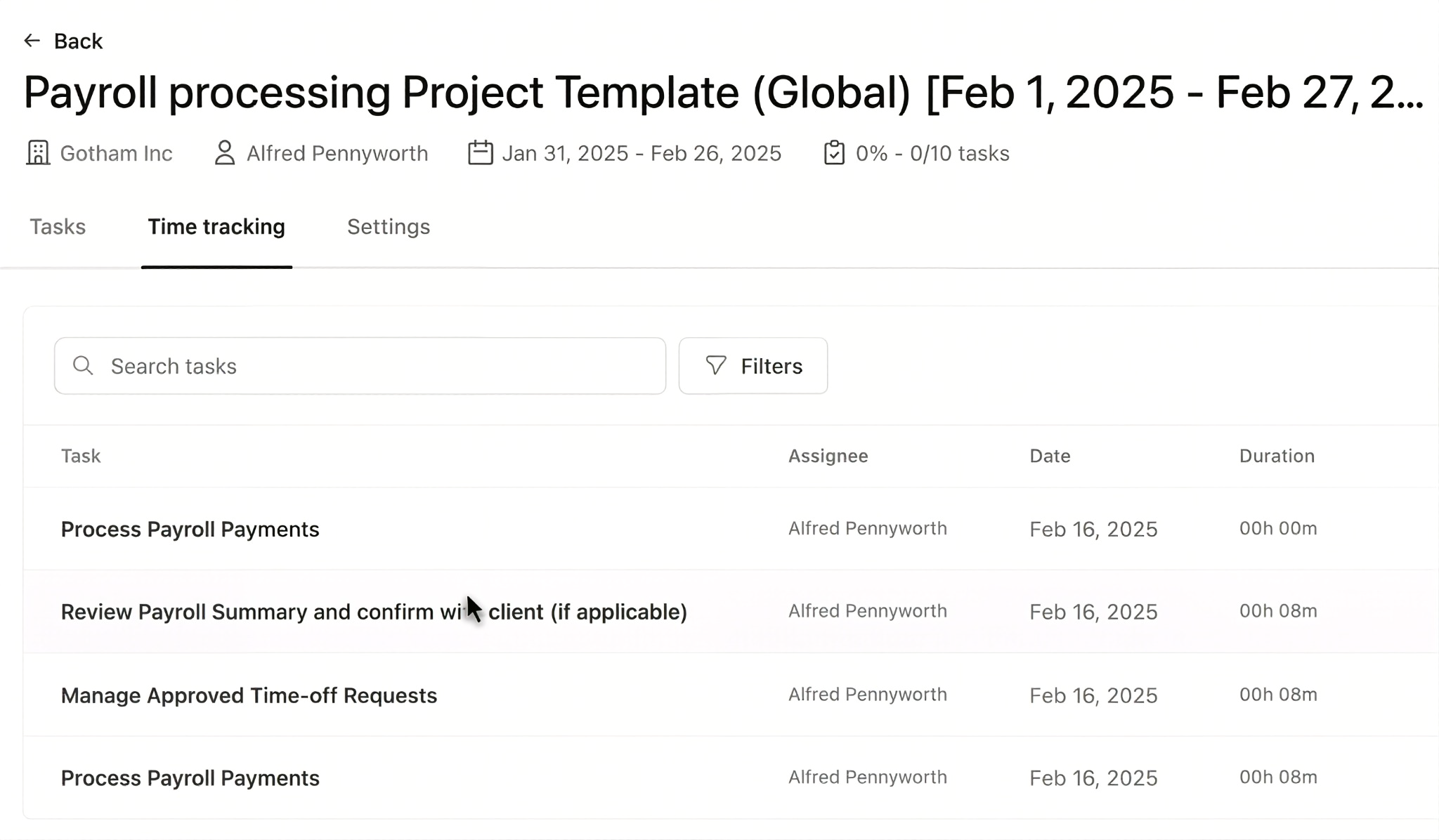Cone's time tracking tab on a payroll processing project for Gotham Inc — tasks such as Process Payroll Payments and Review Payroll Summary, each with assignee, date and duration