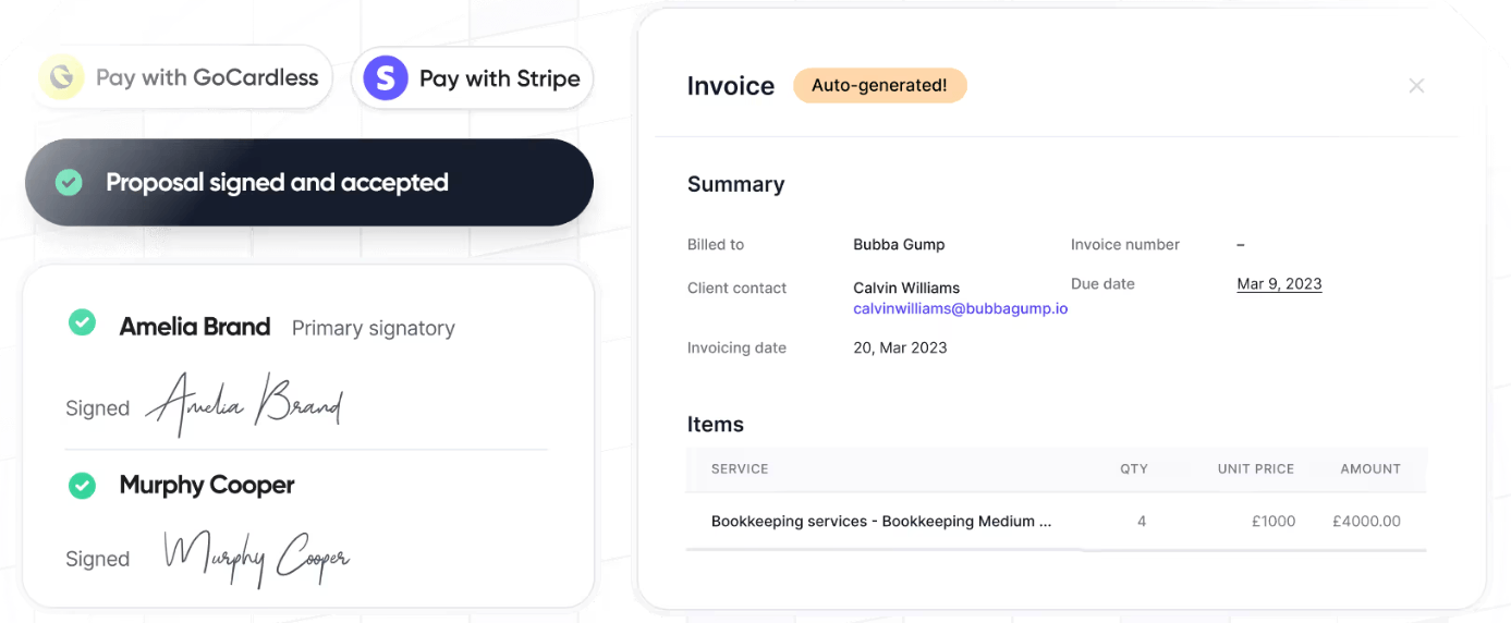 Cone after a proposal is accepted — both signatories signed, Pay with Stripe or GoCardless, and an auto-generated invoice for four bookkeeping services at £1,000 each