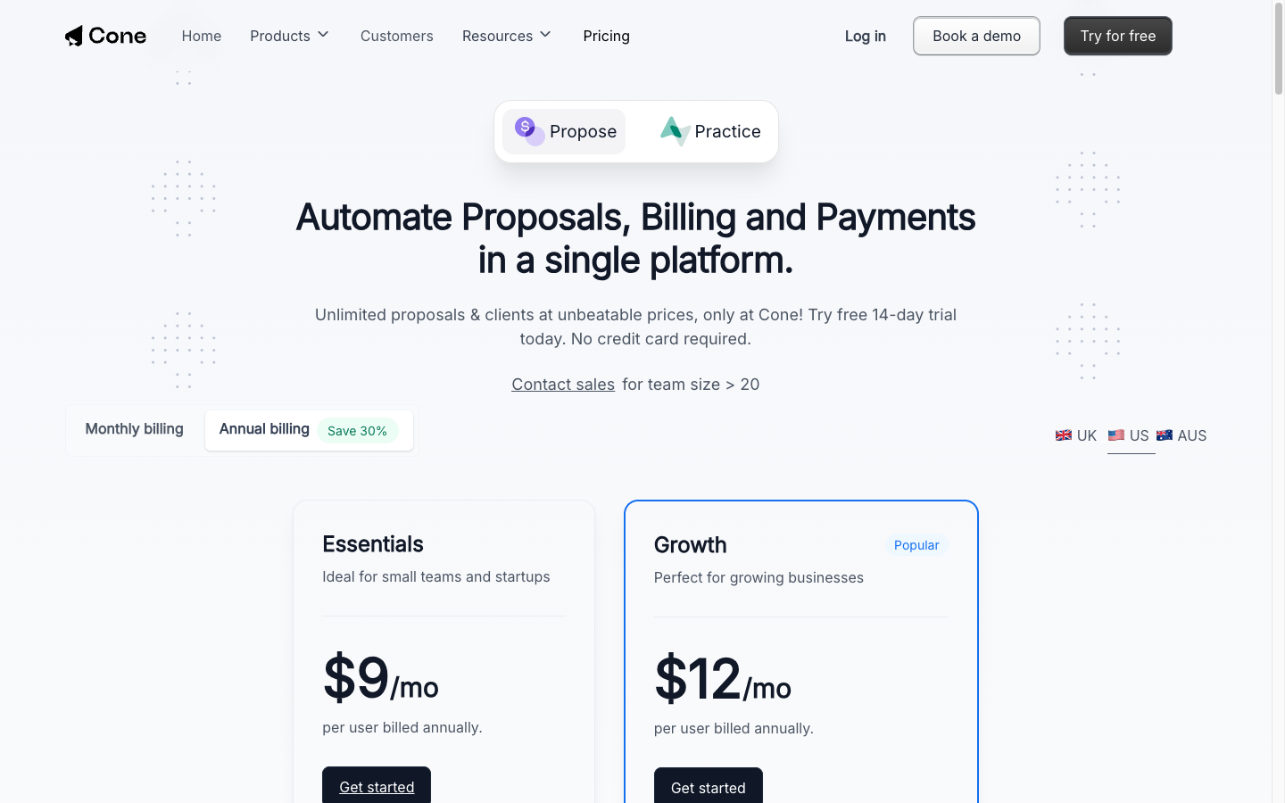 Cone's pricing page with the Propose product and US region selected on annual billing — Essentials at $9 and Growth, marked Popular, at $12 per user per month, with unlimited proposals and clients and a 14-day free trial