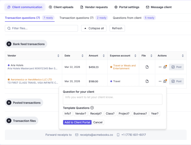 Double's client communication view — bank feed transactions from Aria Hotels and Aeromexico with their expense accounts, and a Question for your client box with template questions (Info, Vendor, Receipt, Class, Project) and an Add to Client Portal button