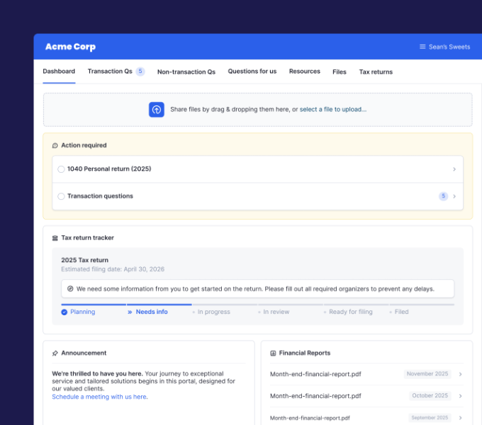 Double's client portal for Acme Corp — a document drop zone, an Action required list with a 1040 personal return and transaction questions, a 2025 tax return tracker at Needs info, an announcement and monthly financial reports to download