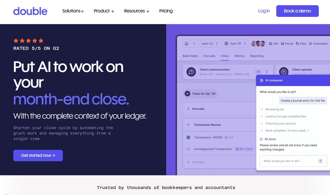 The Double homepage — "Put AI to work on your month-end close. With the complete context of your ledger.", rated 5/5 on G2, beside a client's April close with accruals and transaction review tasks and an AI composer creating a journal entry