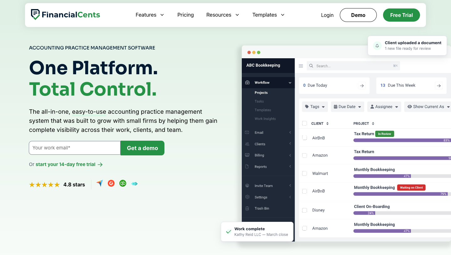 The Financial Cents homepage — "One Platform. Total Control." beside the app's Projects view, where each client's tax return or monthly bookkeeping project shows a progress bar and status such as In Review or Waiting on Client