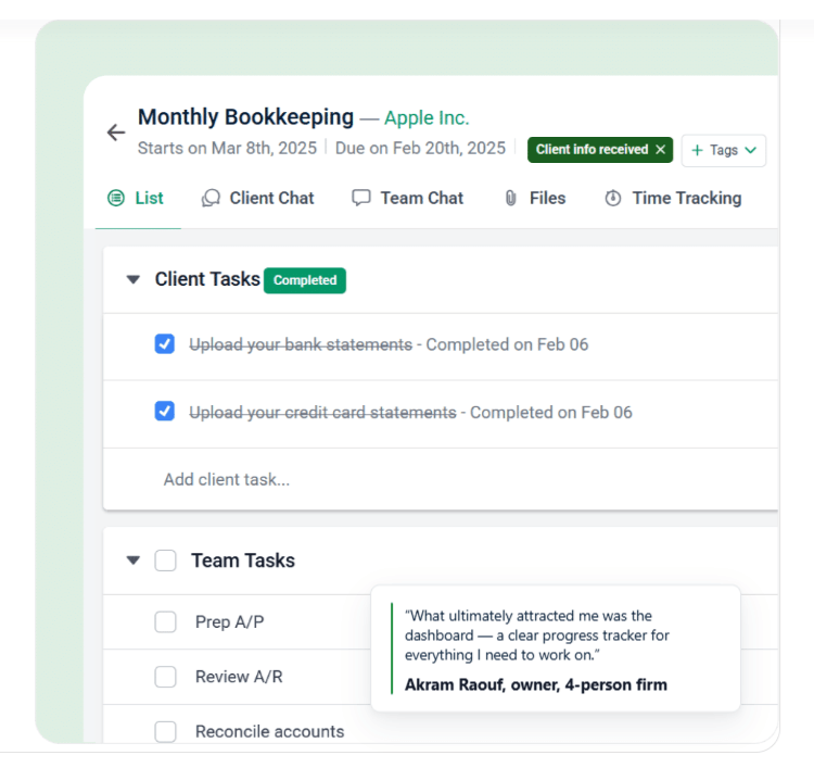 A Financial Cents Monthly Bookkeeping project for a client — completed client tasks for bank and credit card statements, a Client info received tag, team tasks to prep A/P, review A/R and reconcile, and tabs for client chat, team chat, files and time tracking