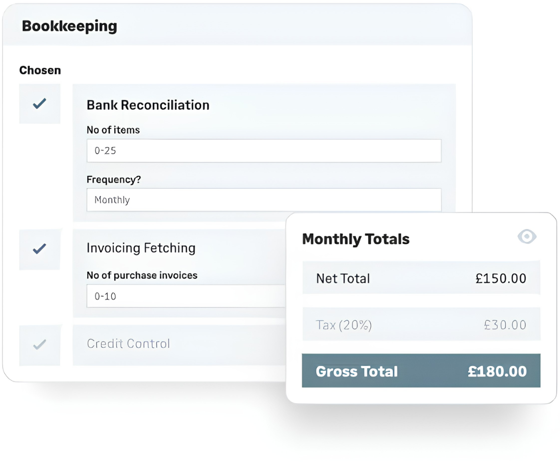 GoProposal's price builder for bookkeeping — bank reconciliation priced by number of items and frequency, invoice fetching by number of purchase invoices, and a Monthly Totals panel showing £150 net, £30 tax and £180 gross