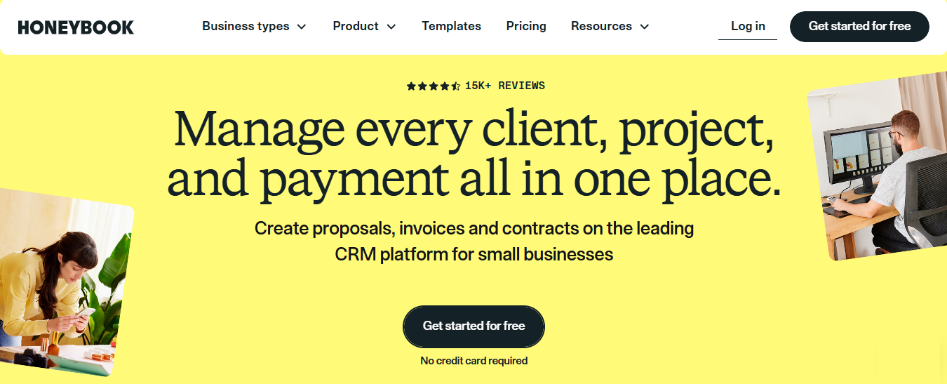 The HoneyBook homepage — "Manage every client, project, and payment all in one place" on a yellow background, with a Get started for free button and 15K+ reviews