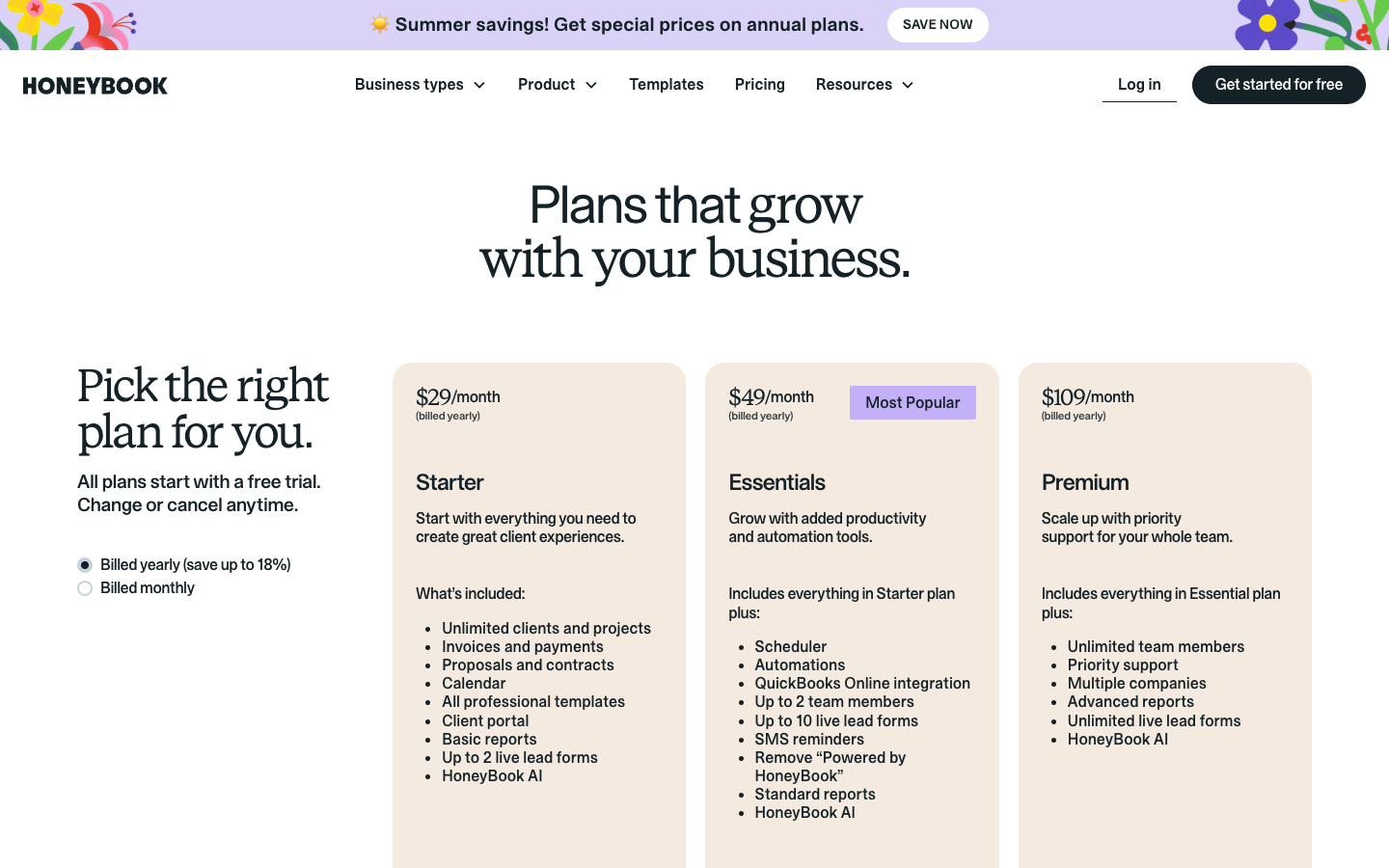 HoneyBook's pricing page on yearly billing — Starter at $29, Essentials at $49 (Most Popular) and Premium at $109 a month, with Essentials adding scheduler, automations, QuickBooks Online and up to 2 team members, and Premium unlimited team members