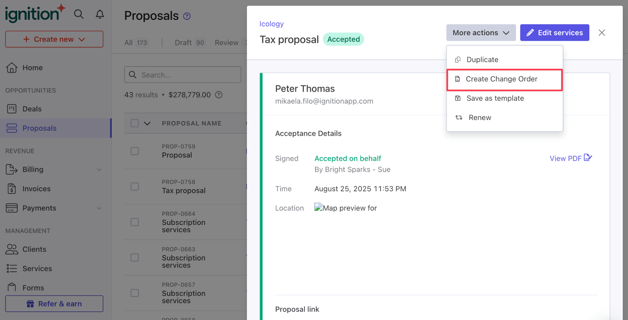 An accepted tax proposal in Ignition showing who signed and when, with the More actions menu open on Duplicate, Create Change Order, Save as template and Renew
