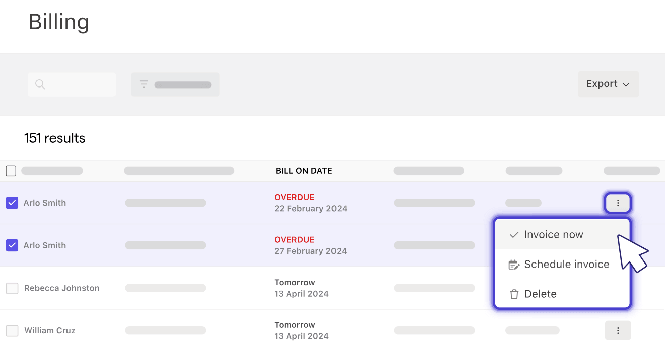 Ignition's Billing list with two overdue bill dates selected and a menu offering Invoice now, Schedule invoice and Delete