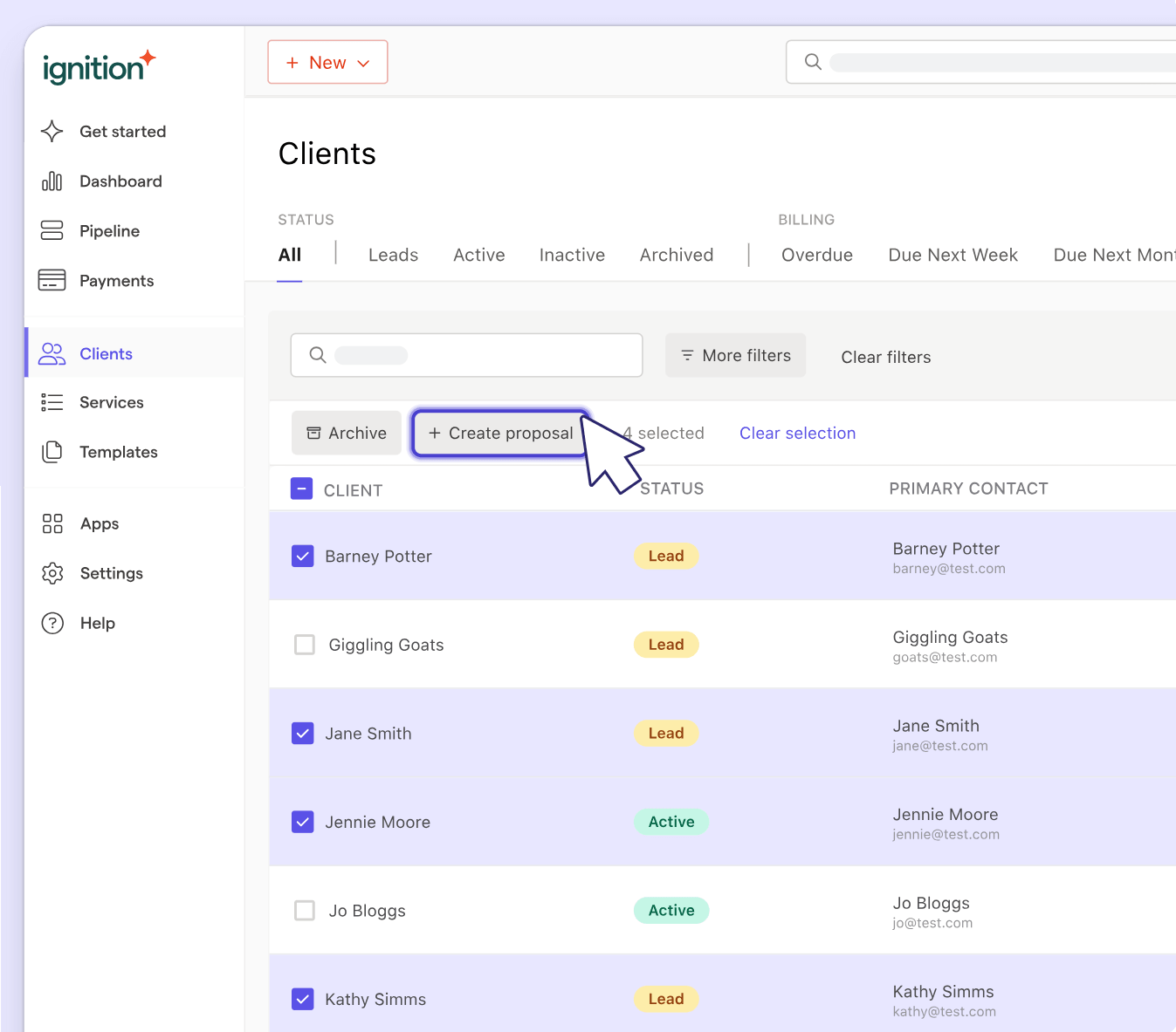 Ignition's Clients list with four leads and active clients ticked and a Create proposal button above them, the way a firm sends one proposal to several clients at once