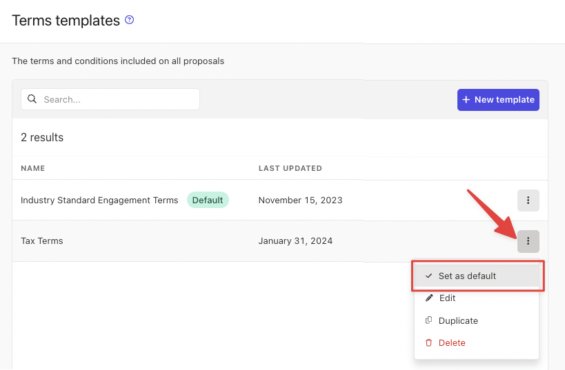 Ignition's Terms templates list — Industry Standard Engagement Terms marked Default and a Tax Terms template with its menu open on Set as default, Edit, Duplicate and Delete