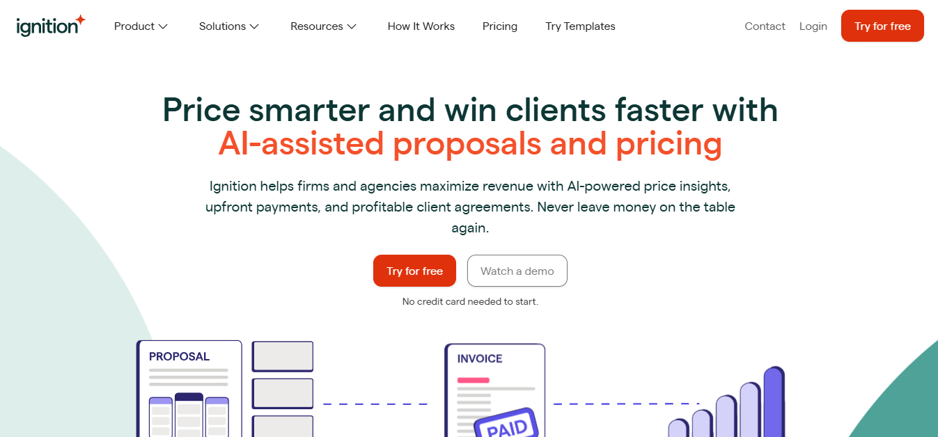The Ignition homepage — "Price smarter and win clients faster with AI-assisted proposals and pricing", with Try for free and Watch a demo buttons over an illustration of a proposal becoming a paid invoice
