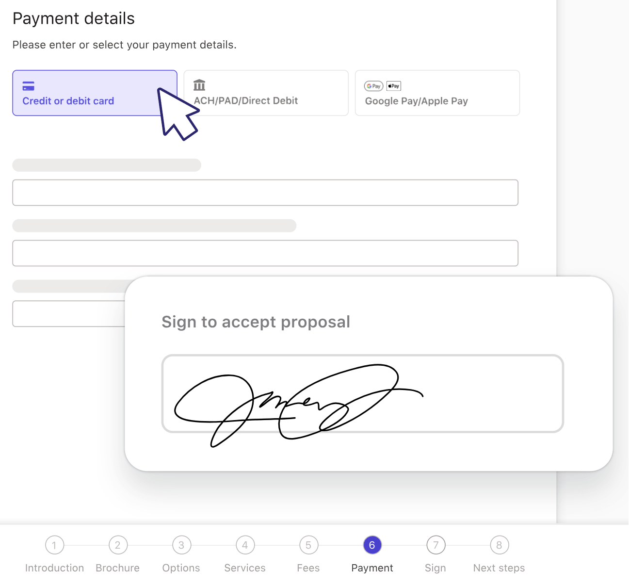 The client's side of an Ignition proposal at the Payment step — card, ACH or Google Pay and Apple Pay options, with a Sign to accept proposal box and eight steps from Introduction to Next steps