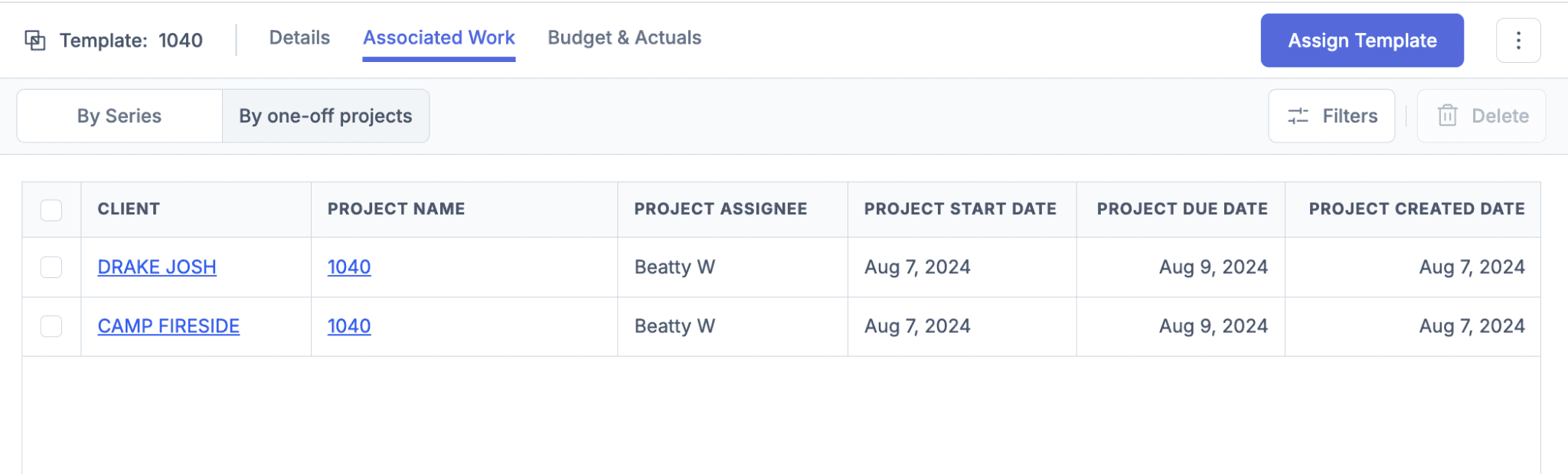 Jetpack Workflow's 1040 template on its Associated Work tab — two one-off 1040 projects with client, assignee, start, due and created dates, and an Assign Template button