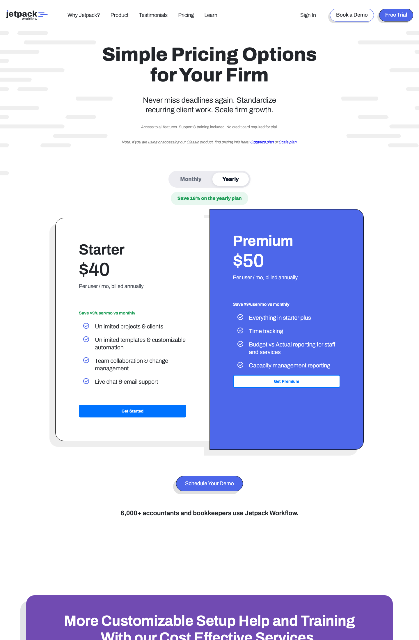 Jetpack Workflow's pricing page with the Yearly toggle selected: "Simple Pricing Options for Your Firm", a Starter card at $40 per user per month billed annually with unlimited projects, clients and templates, and a blue Premium card at $50 per user per month billed annually adding time tracking, budget vs actual reporting and capacity management reporting; below, "6,000+ accountants and bookkeepers use Jetpack Workflow."