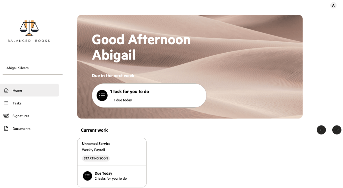 Karbon for Clients — a client's portal home under the Balanced Books logo, with a "Good Afternoon Abigail" banner, one task due this week, and a Weekly Payroll work item under Current work
