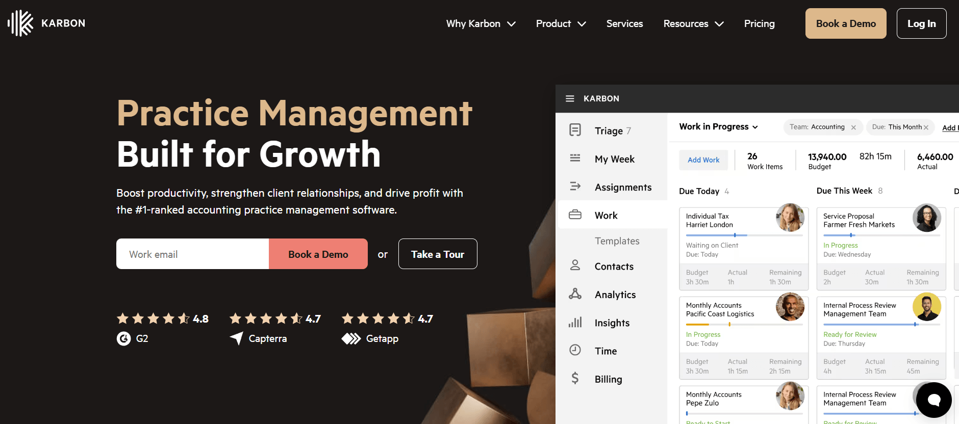 The Karbon homepage — "Practice Management Built for Growth" with a Book a Demo form beside the Work in Progress view, where each work item shows its client, budget and actual hours