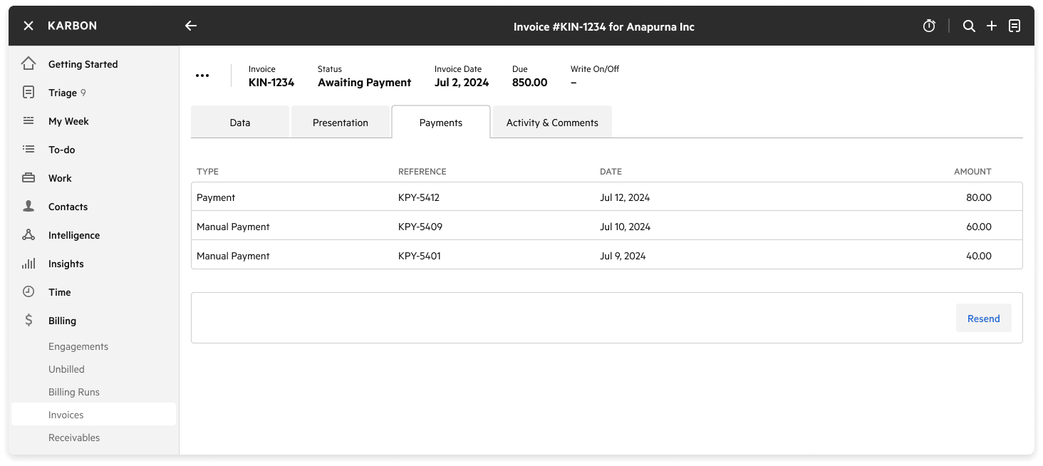 A Karbon invoice, KIN-1234 for Anapurna Inc, on its Payments tab — status Awaiting Payment, a $850 total, and three recorded payments listed with reference, date and amount
