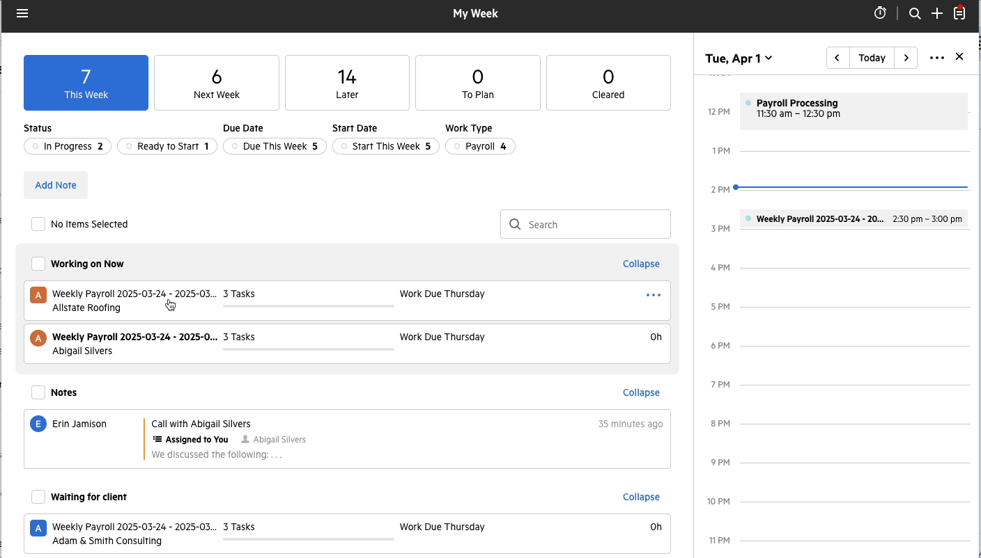 Karbon's My Week dashboard — counters for This Week, Next Week, Later, To Plan and Cleared, weekly payroll work items grouped under Working on Now and Waiting for client, and a day calendar with a payroll processing block on the right