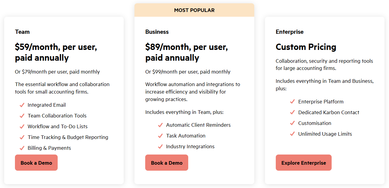 Karbon pricing — Team at $59 per user per month paid annually, Business at $89 marked Most Popular with automatic client reminders and task automation, and Enterprise at custom pricing, each with a Book a Demo button