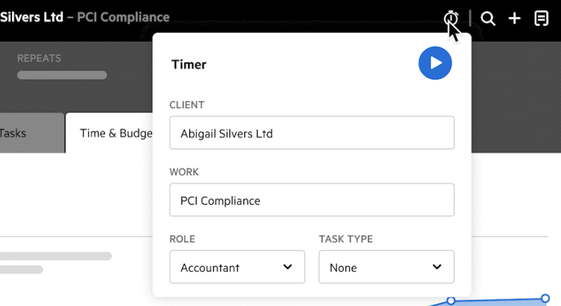 Karbon's timer popup opened from a PCI Compliance work item — client Abigail Silvers Ltd, the work selected, and Role and Task Type dropdowns beside a blue start button