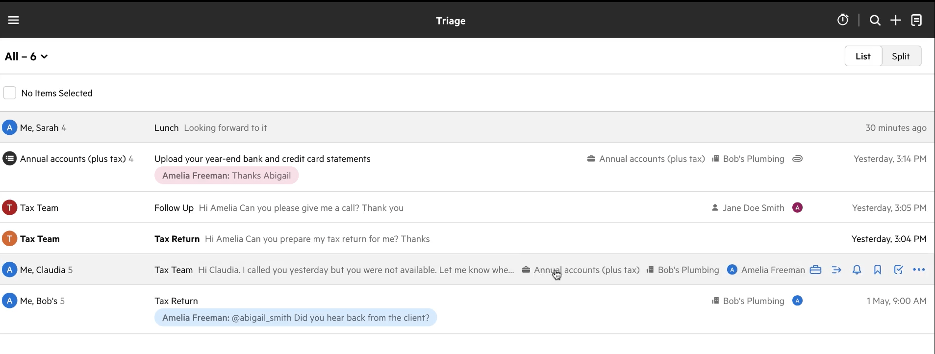 Karbon's Triage inbox — client emails and team threads in one list, each linked to its work item and client (Annual accounts plus tax for Bob's Plumbing), with an internal @mention reply and actions to assign, remind, bookmark or turn the email into a task