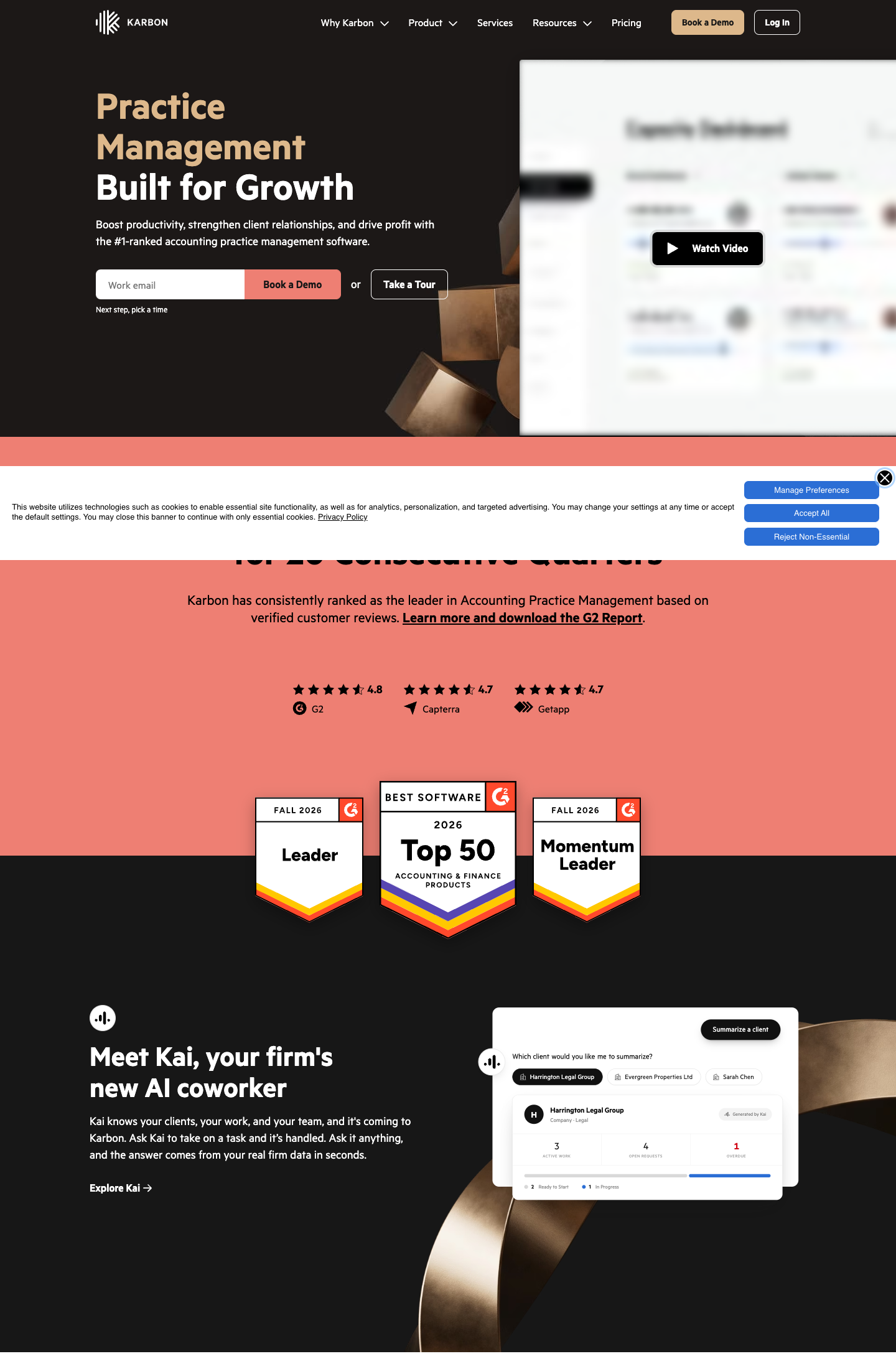 The Karbon homepage: "Practice Management Built for Growth" in gold and white on a black background beside a blurred Capacity Dashboard, then a coral band with G2 4.8, Capterra 4.7 and GetApp 4.7 ratings and three G2 badges (Fall 2026 Leader, 2026 Top 50 Accounting & Finance Products, Momentum Leader), and a "Meet Kai, your firm's new AI coworker" section