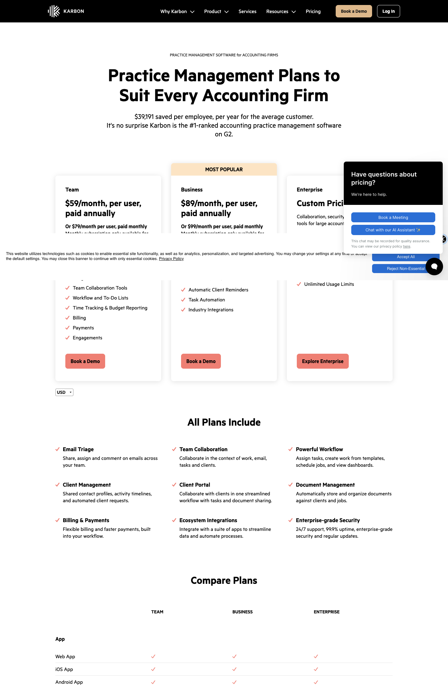 Karbon's US pricing page: Team at $59 per user per month paid annually ($79 monthly) and Business, marked Most Popular, at $89 ($99 monthly), with Enterprise on custom pricing