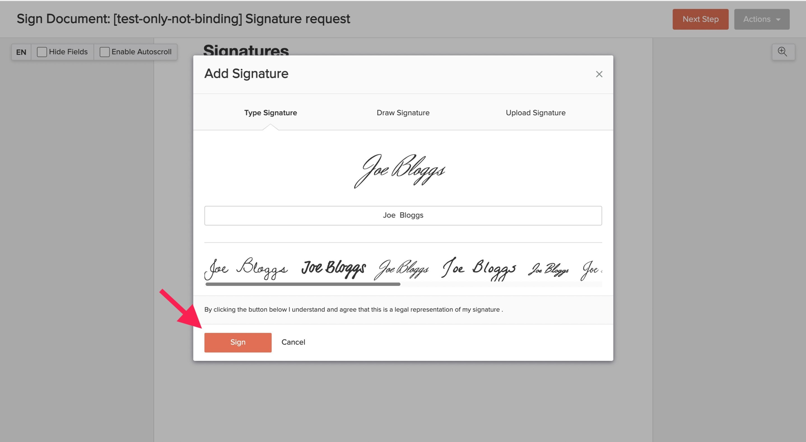 Pixie's client-side signing screen — an Add Signature dialog with Type, Draw and Upload Signature tabs, a typed Joe Bloggs signature in several script styles, and a Sign button marked with a pink tutorial arrow