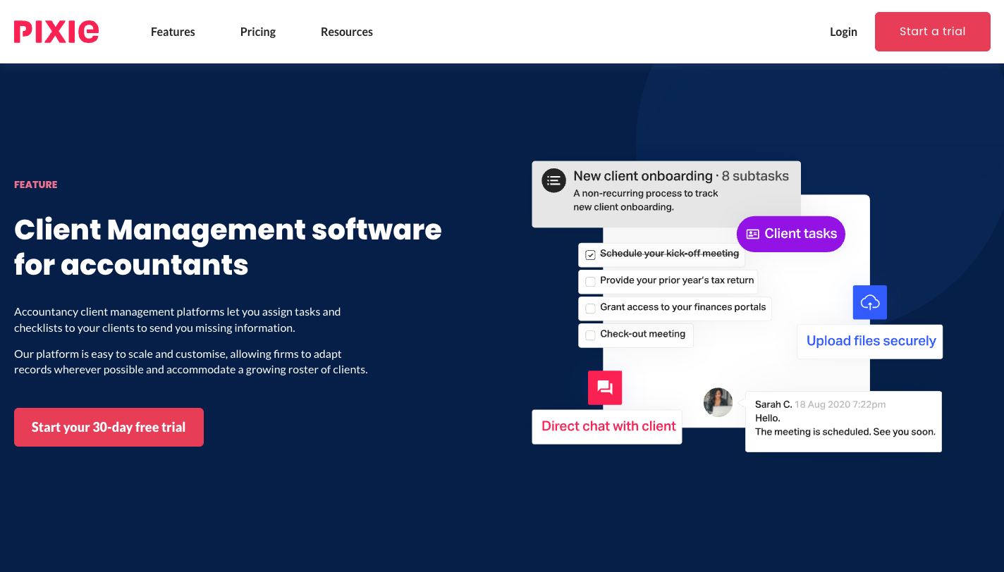 Pixie's client tasks — a New client onboarding checklist sent to the client (kick-off meeting, prior year's tax return, access to finance portals), secure file upload and a direct chat message from the firm