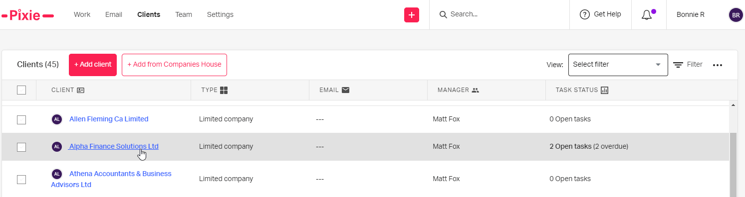 Pixie's Clients list with 45 clients — Add client and Add from Companies House buttons, and each limited company's manager and open or overdue task count