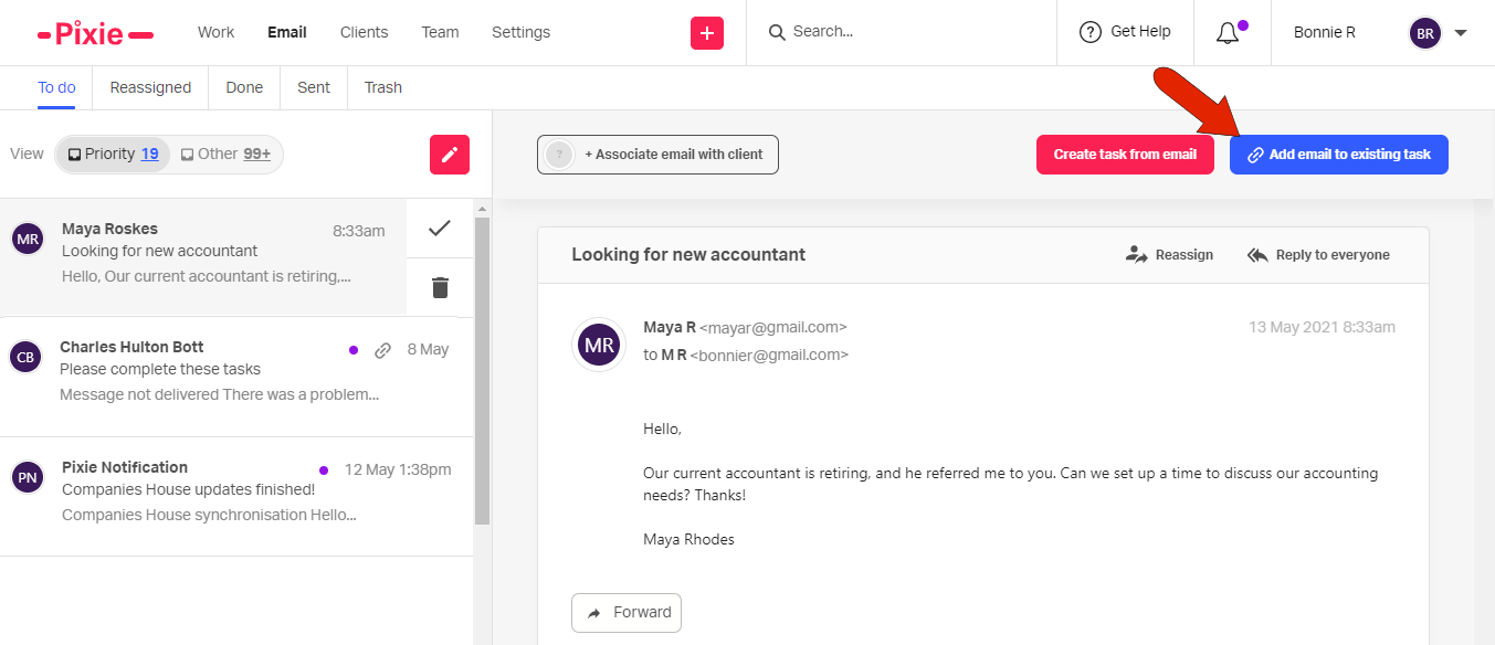 Pixie's email view — the Priority inbox with 19 messages beside Other, a prospect's email open, and Create task from email and Add email to existing task buttons, the latter marked with a red arrow