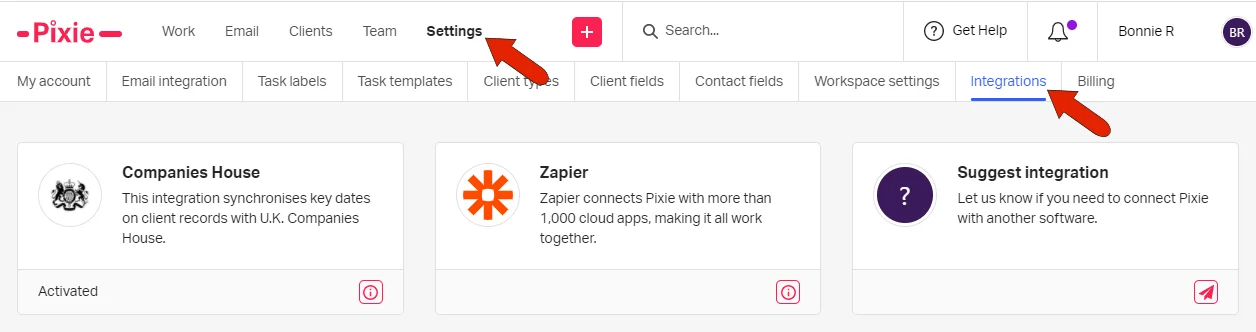 Pixie's Integrations settings with three cards — Companies House (activated, syncs key dates on client records), Zapier (connects Pixie with more than 1,000 cloud apps) and Suggest integration — with red tutorial arrows on Settings and Integrations