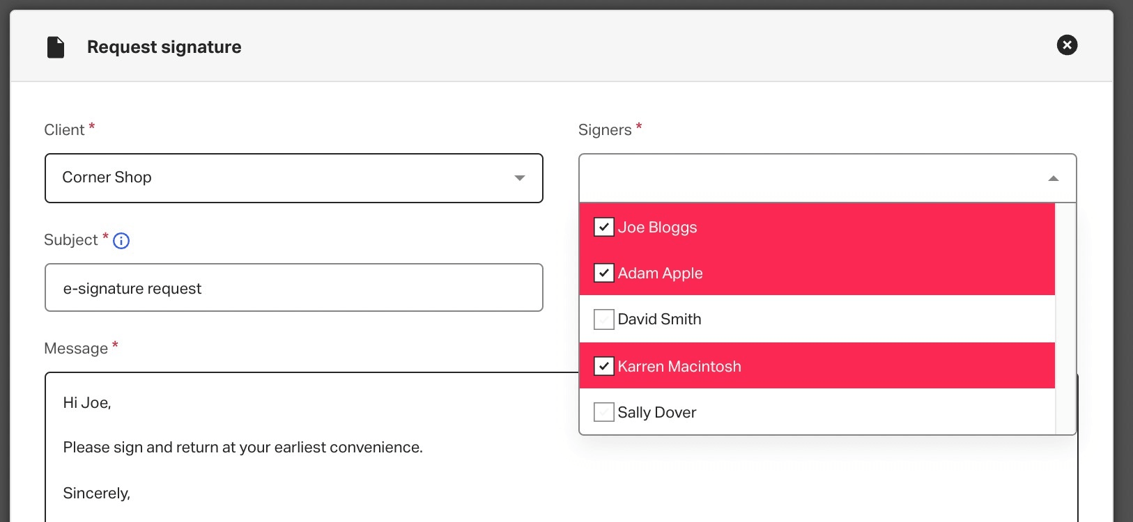 Pixie's Request signature dialog for client Corner Shop — subject and message fields, and a signers list with three of the client's five contacts ticked
